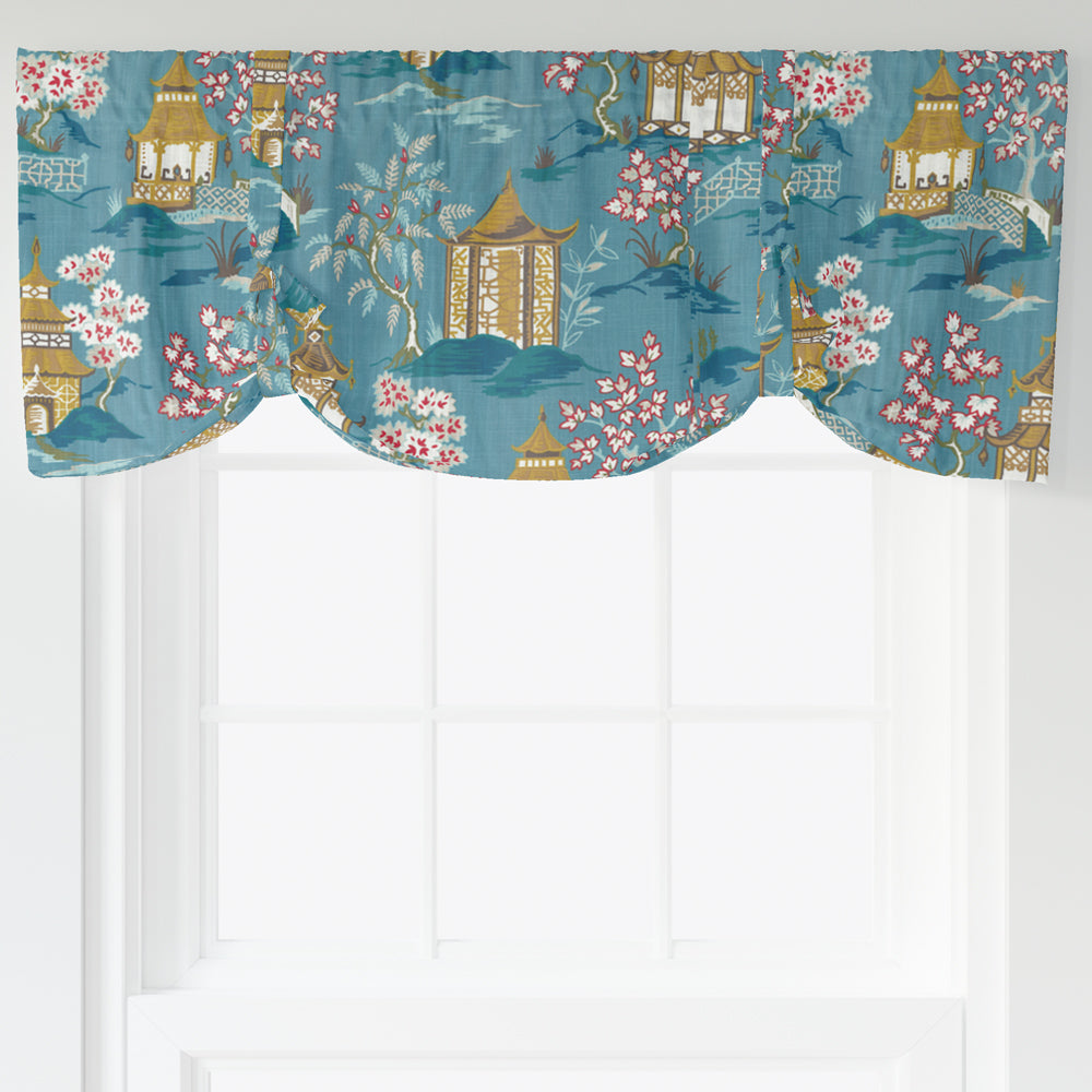 tie-up valance in shoji azure blue oriental toile multicolor chinoiserie