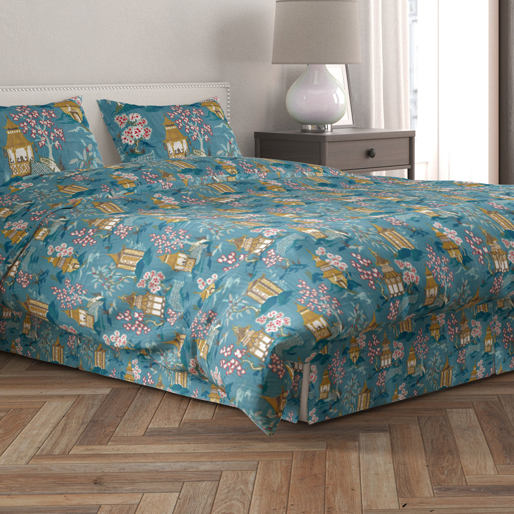 tailored bedskirt in shoji azure blue oriental toile multicolor chinoiserie