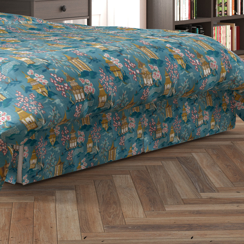 tailored bedskirt in shoji azure blue oriental toile multicolor chinoiserie