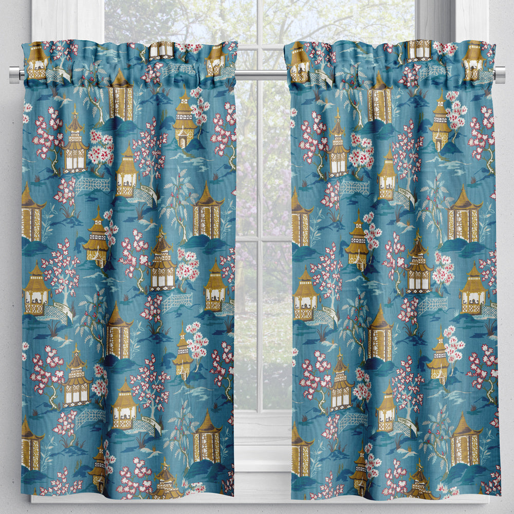 tailored tier cafe curtain panels pair in shoji azure blue oriental toile multicolor chinoiserie