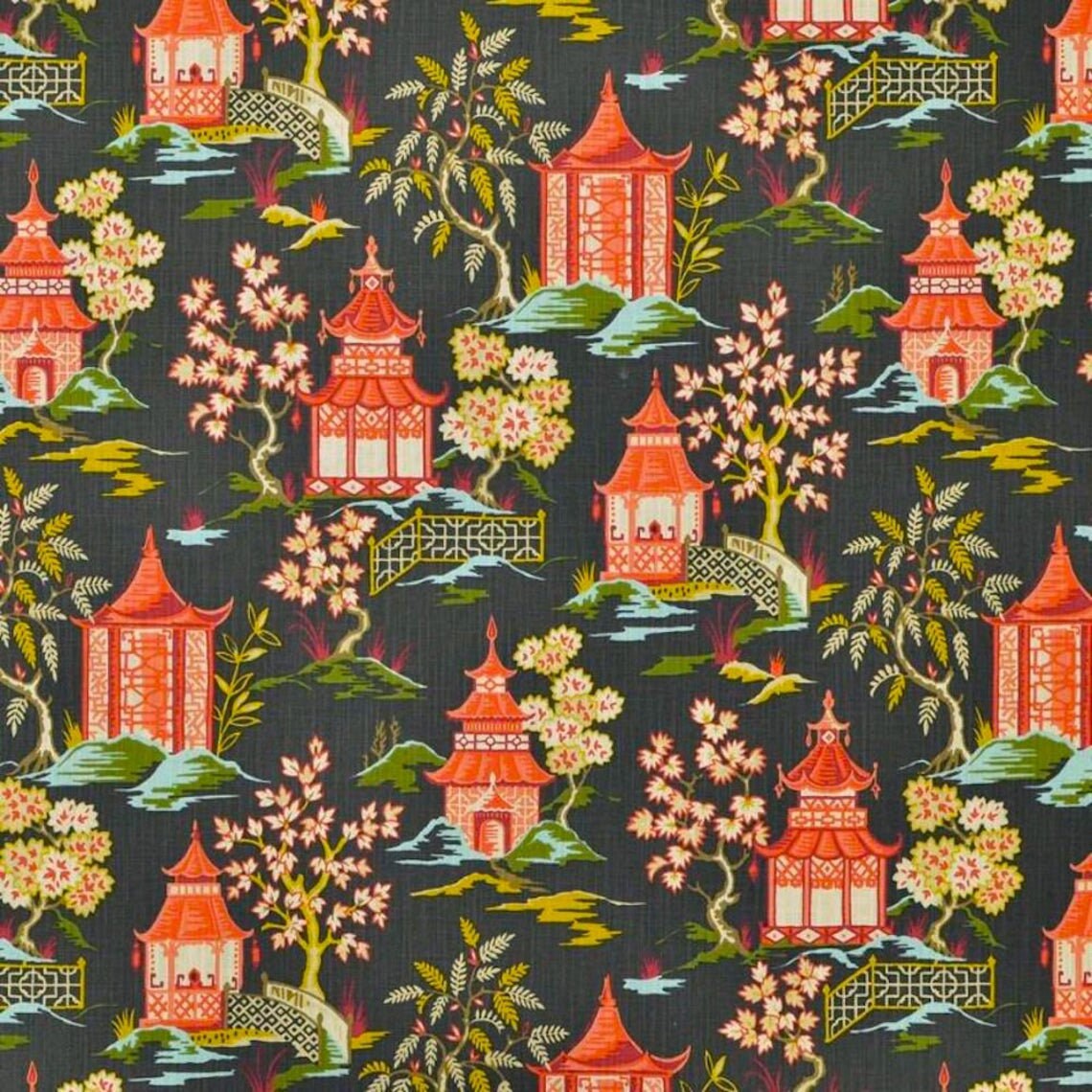 rod pocket curtain panels pair in shoji lacquer oriental toile, multicolor chinoiserie