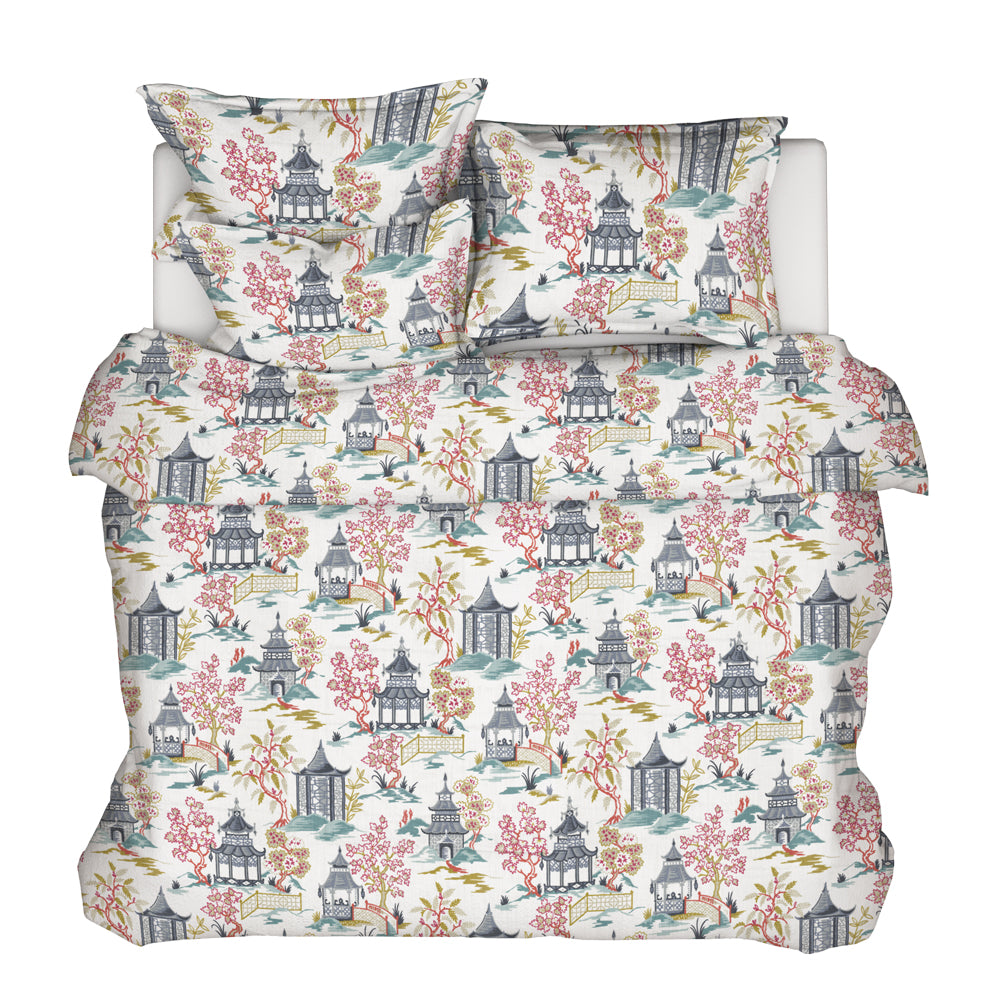 duvet cover in shoji summer oriental toile, multicolor chinoiserie