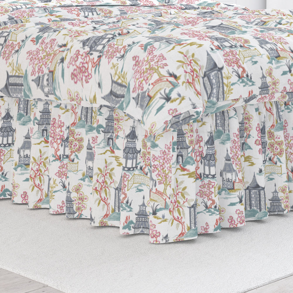 gathered bedskirt in shoji summer oriental toile, multicolor chinoiserie