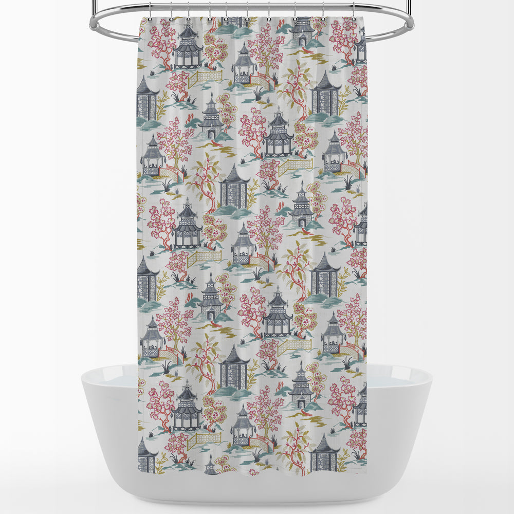 shower curtain in shoji summer oriental toile, multicolor chinoiserie