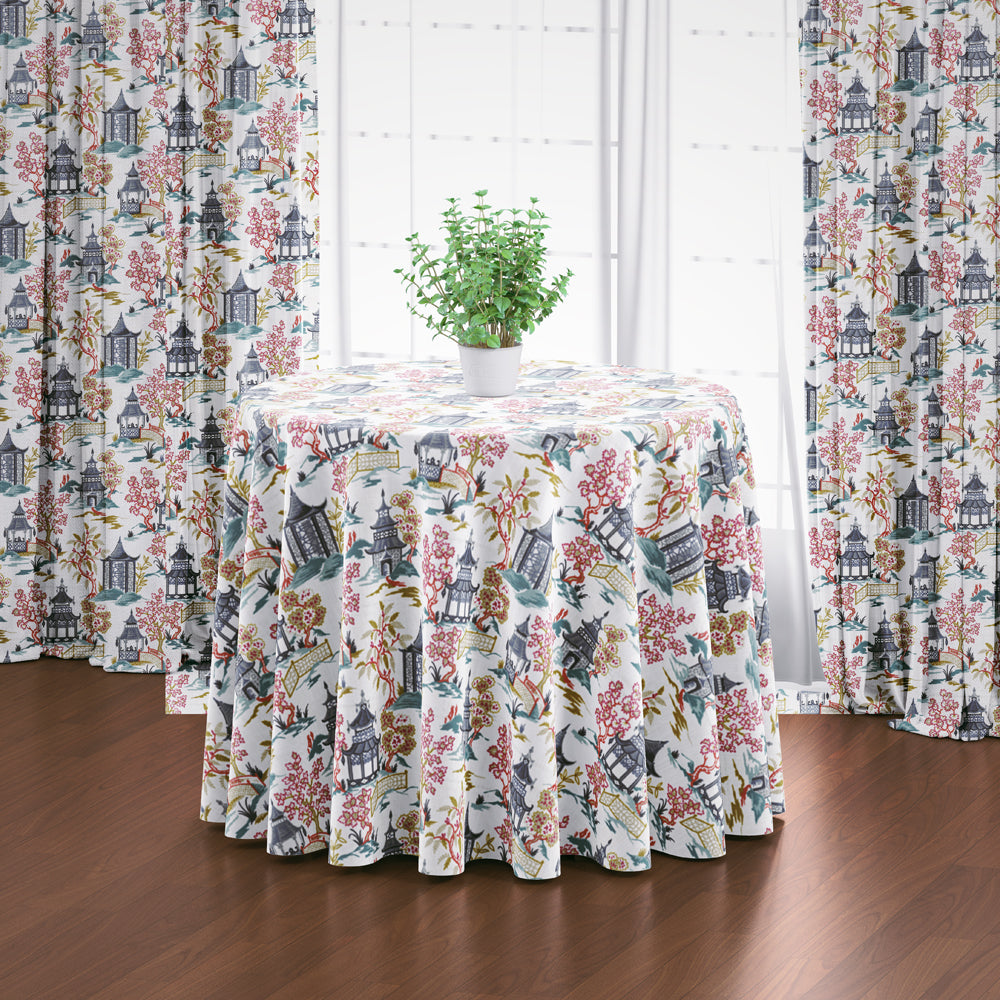 round tablecloth in shoji summer oriental toile, multicolor chinoiserie