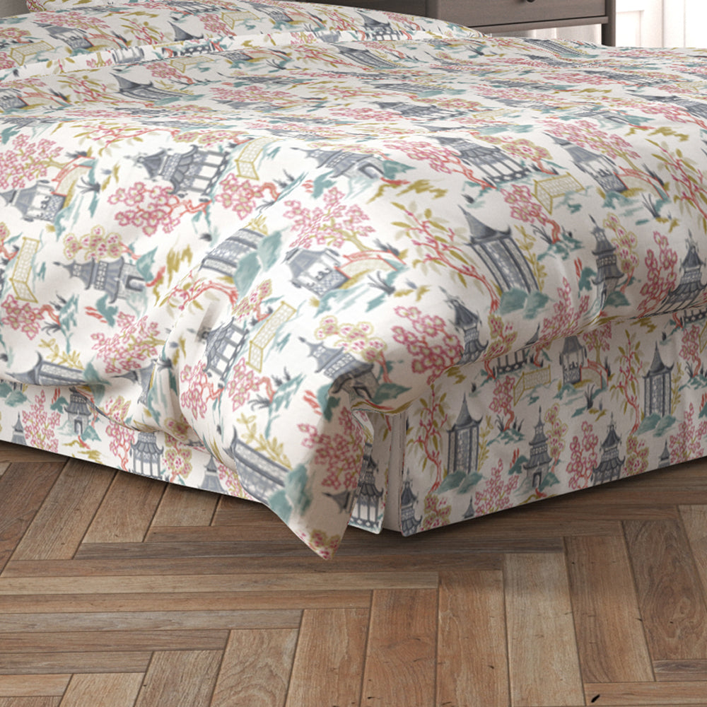 tailored bedskirt in shoji summer oriental toile, multicolor chinoiserie