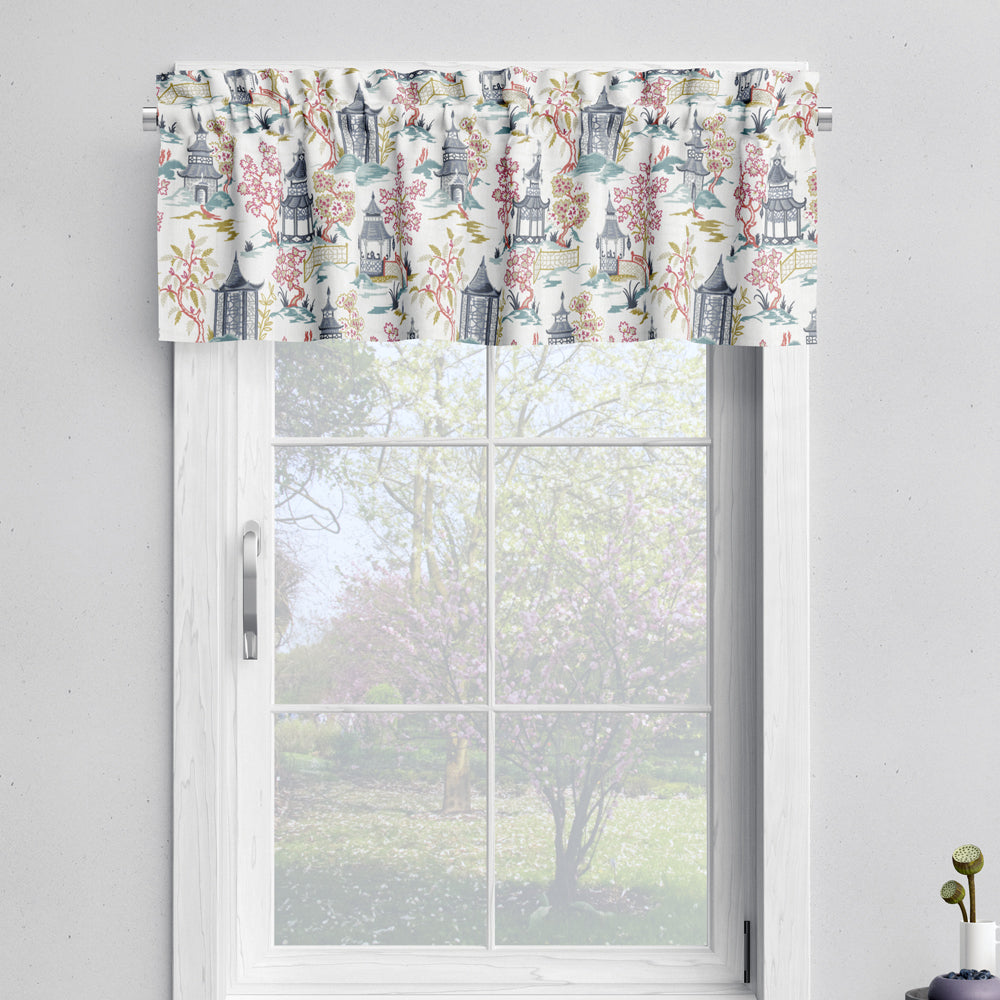 tailored valance in shoji summer oriental toile, multicolor chinoiserie