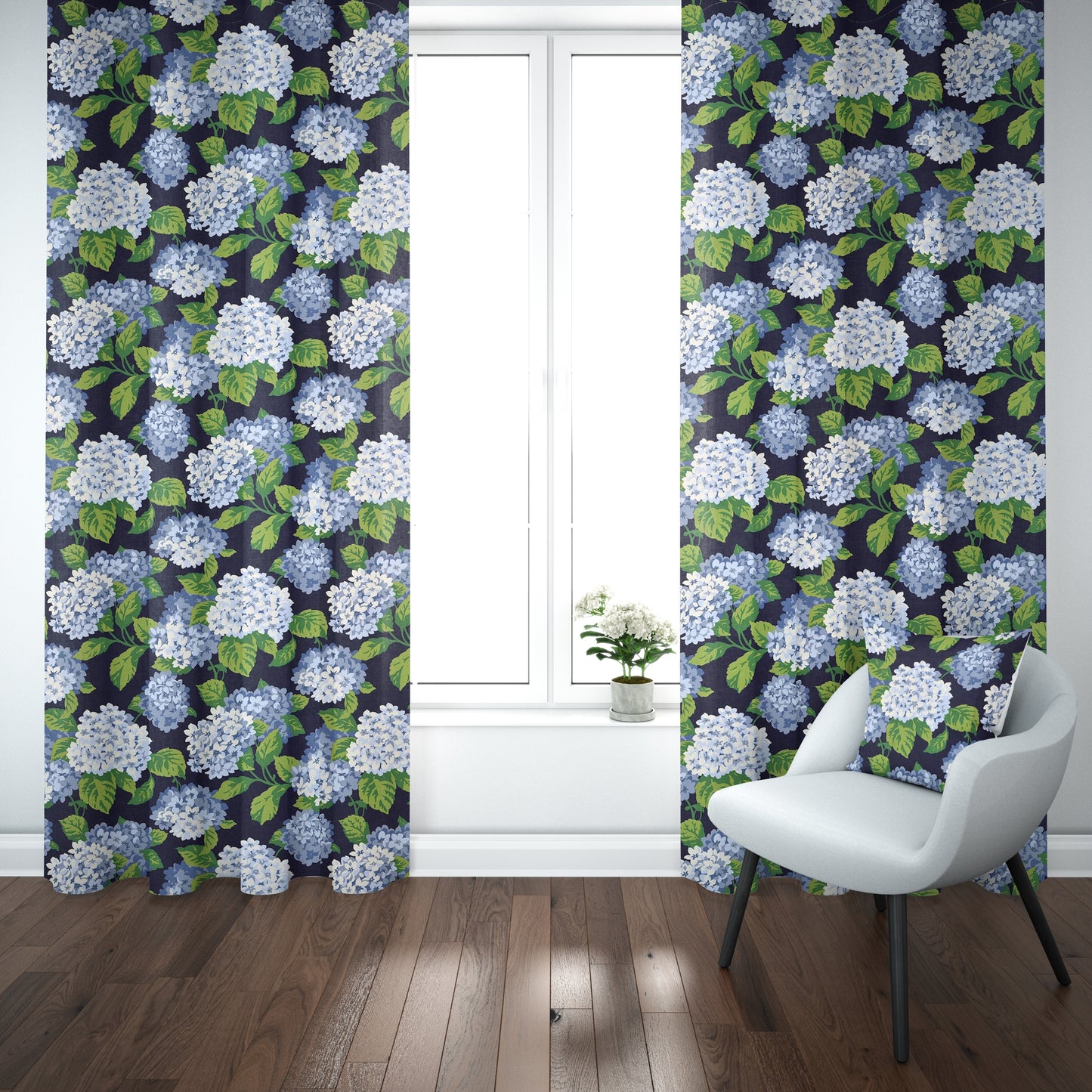Pinch Pleated Curtain Panels Pair in Summerwind Navy Blue Hydrangea Floral, Large Scale