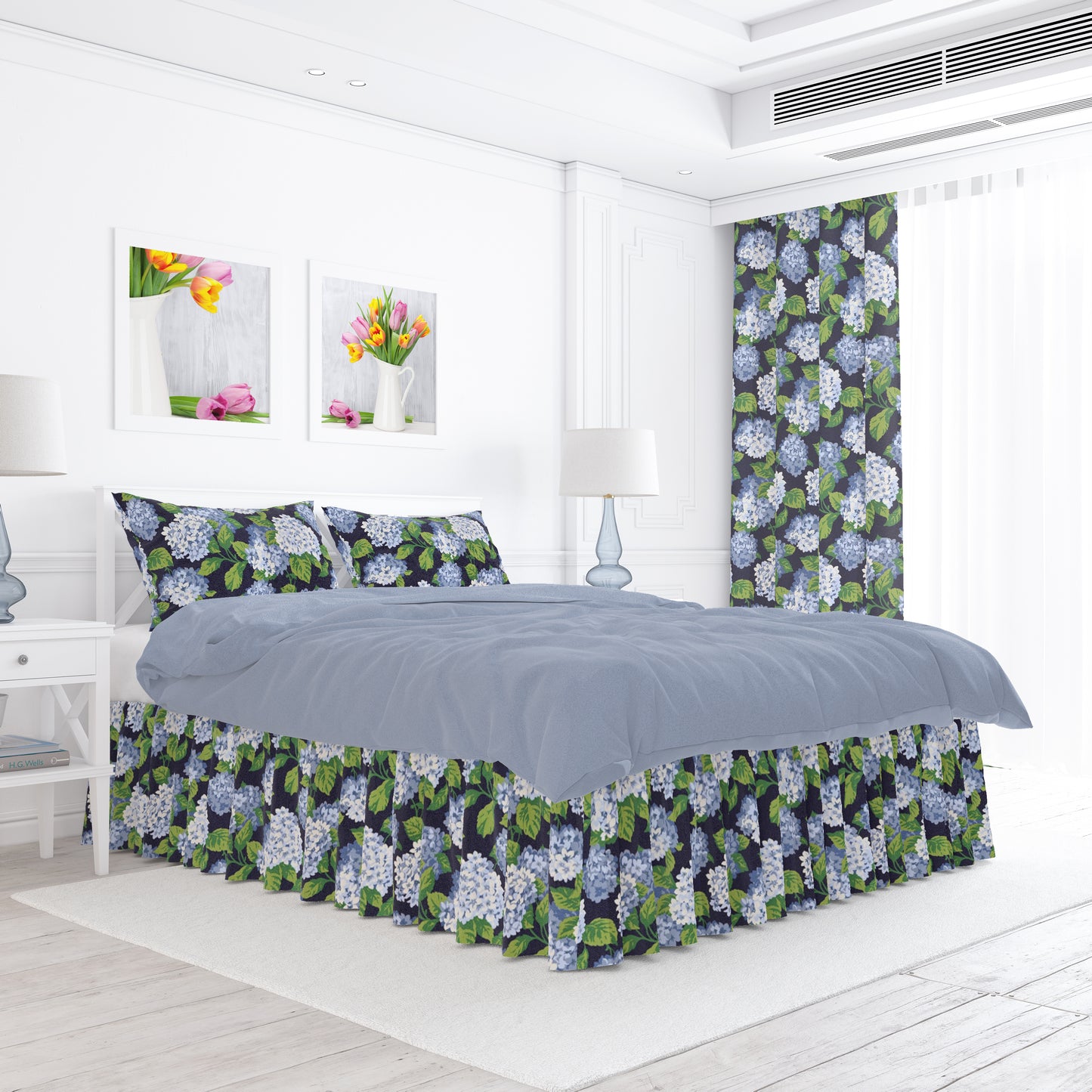 Gathered Bedskirt in Summerwind Navy Blue Hydrangea Floral, Large Scale