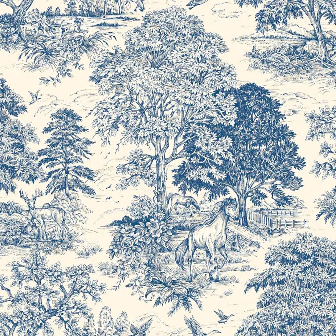 tailored valance in Yellowstone Bluebell Blue Country Toile- Horses, Deer, Dogs- Large Scale