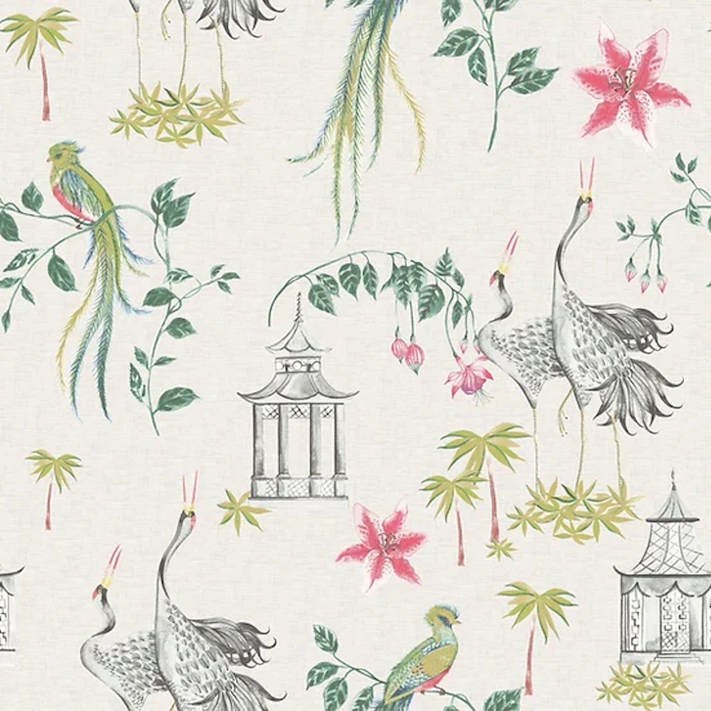 Let It Crane Oriental Toile, Multicolor Chinoiserie
