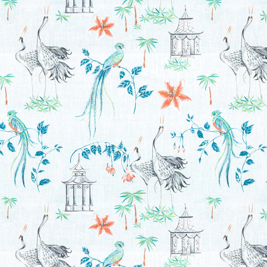 Fabric Cut Yardage in Let It Crane Coral Oriental Toile, Multicolor Chinoiserie
