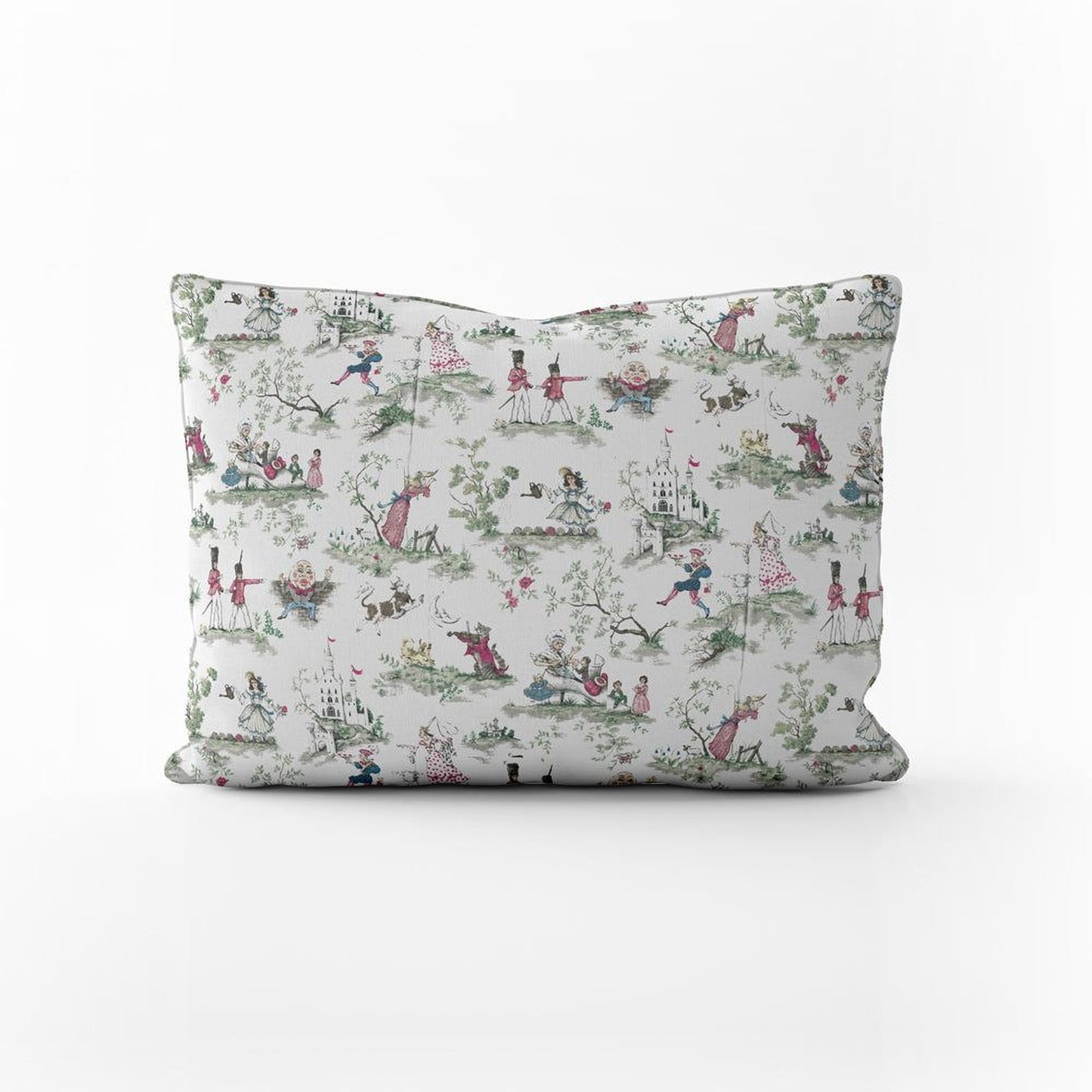 a decorative pillow with a repeating pattern of various whimsical and fantastical scenes, including people, animals, and fantastical elements.