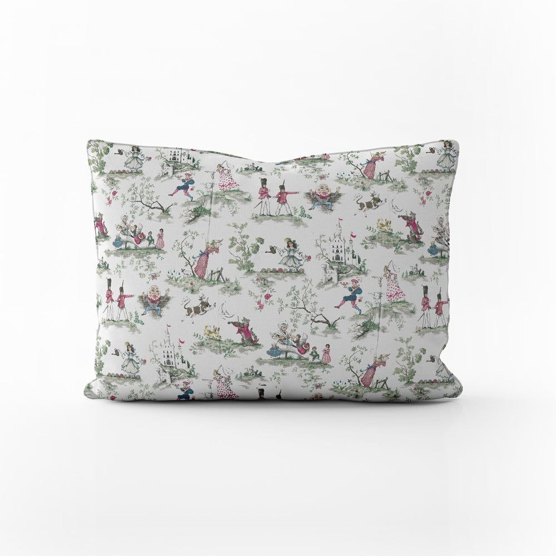 a decorative pillow with a repeating pattern of various whimsical and fantastical scenes, including people, animals, and fantastical elements.