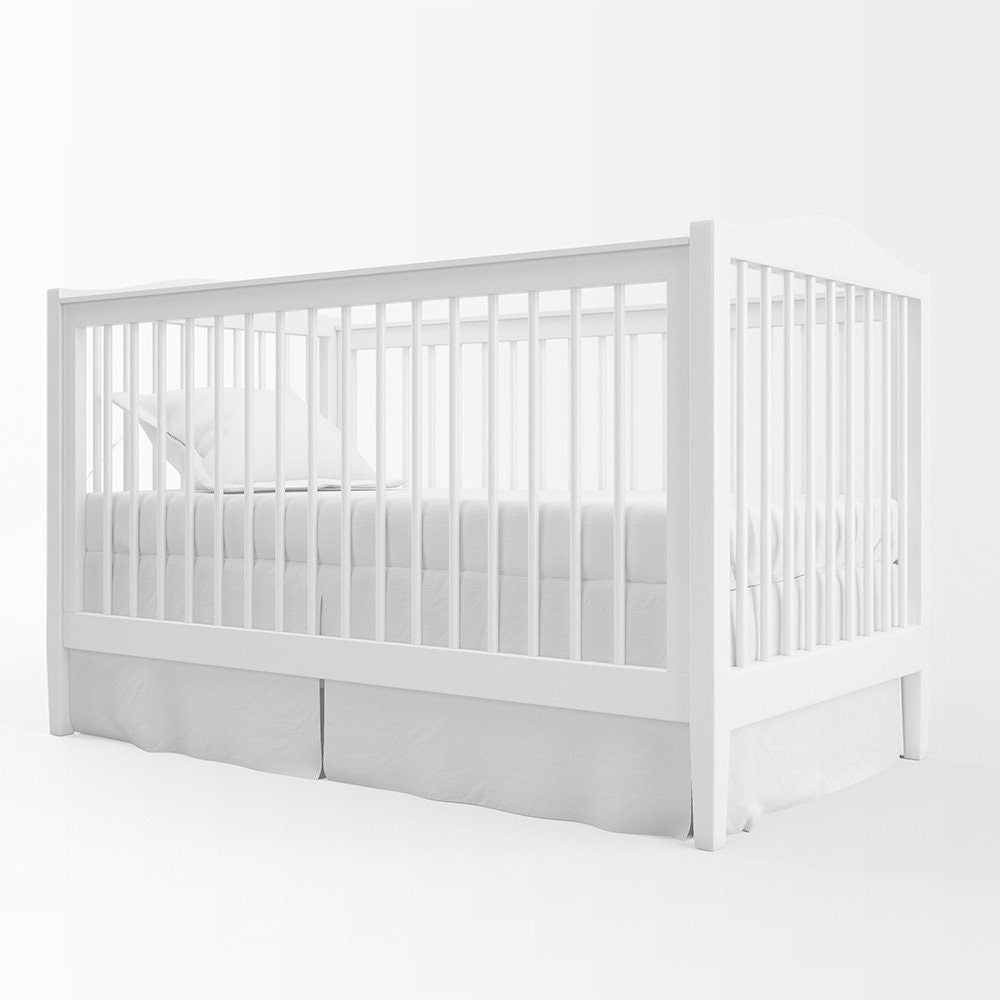 Gathered Crib Skirt in Spencer Tendril Green and Pale Blue on Slub Linen Natural
