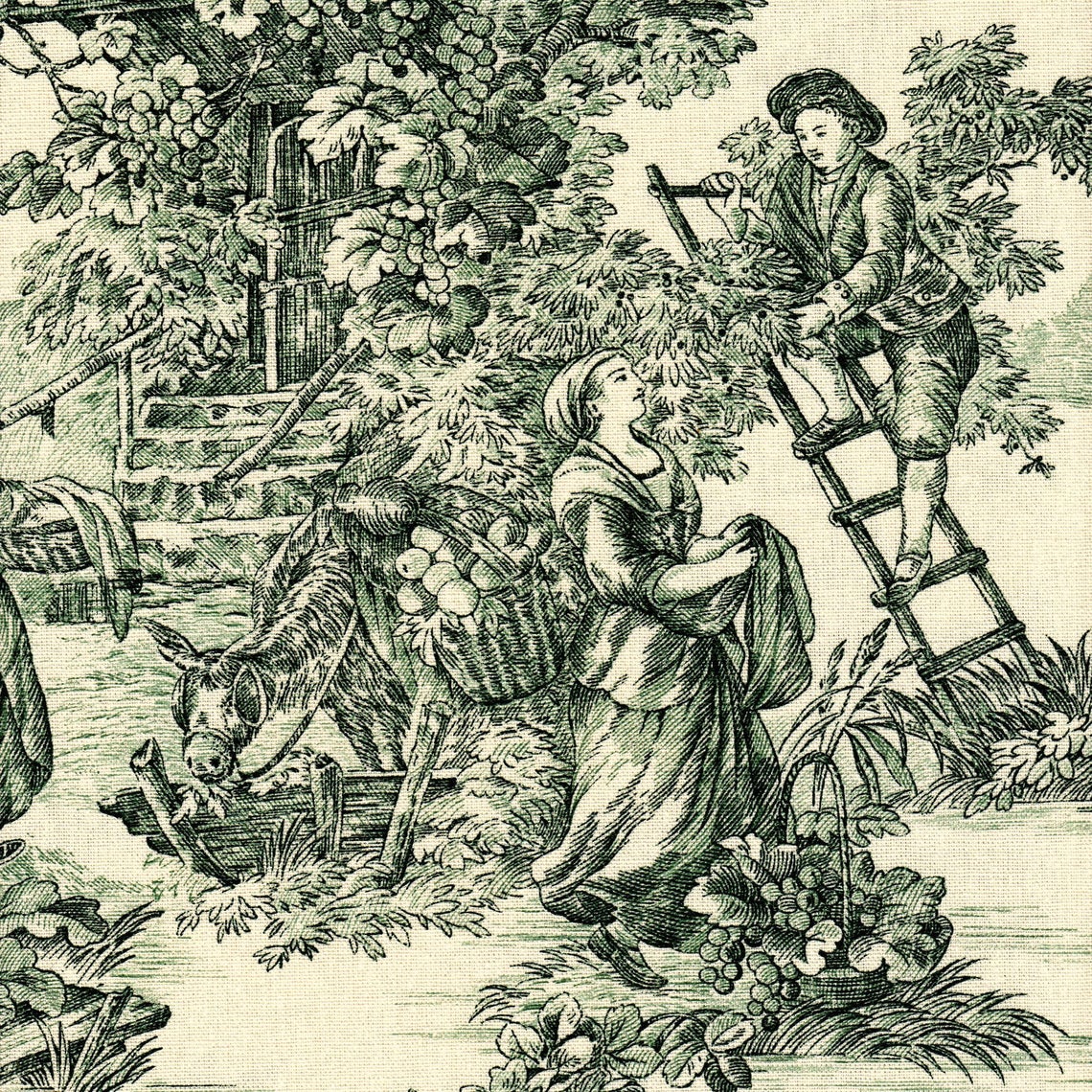 Back Tab Curtain Panels Pair in Pastorale #3 Green on Cream French Country Toile