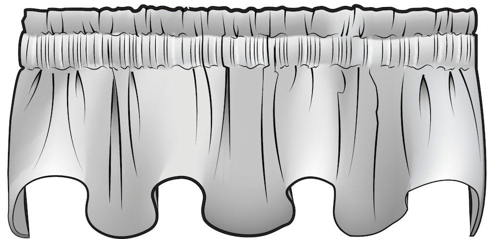 Scalloped Valance in Spencer Tendril Green and Pale Blue on Slub Linen Natural