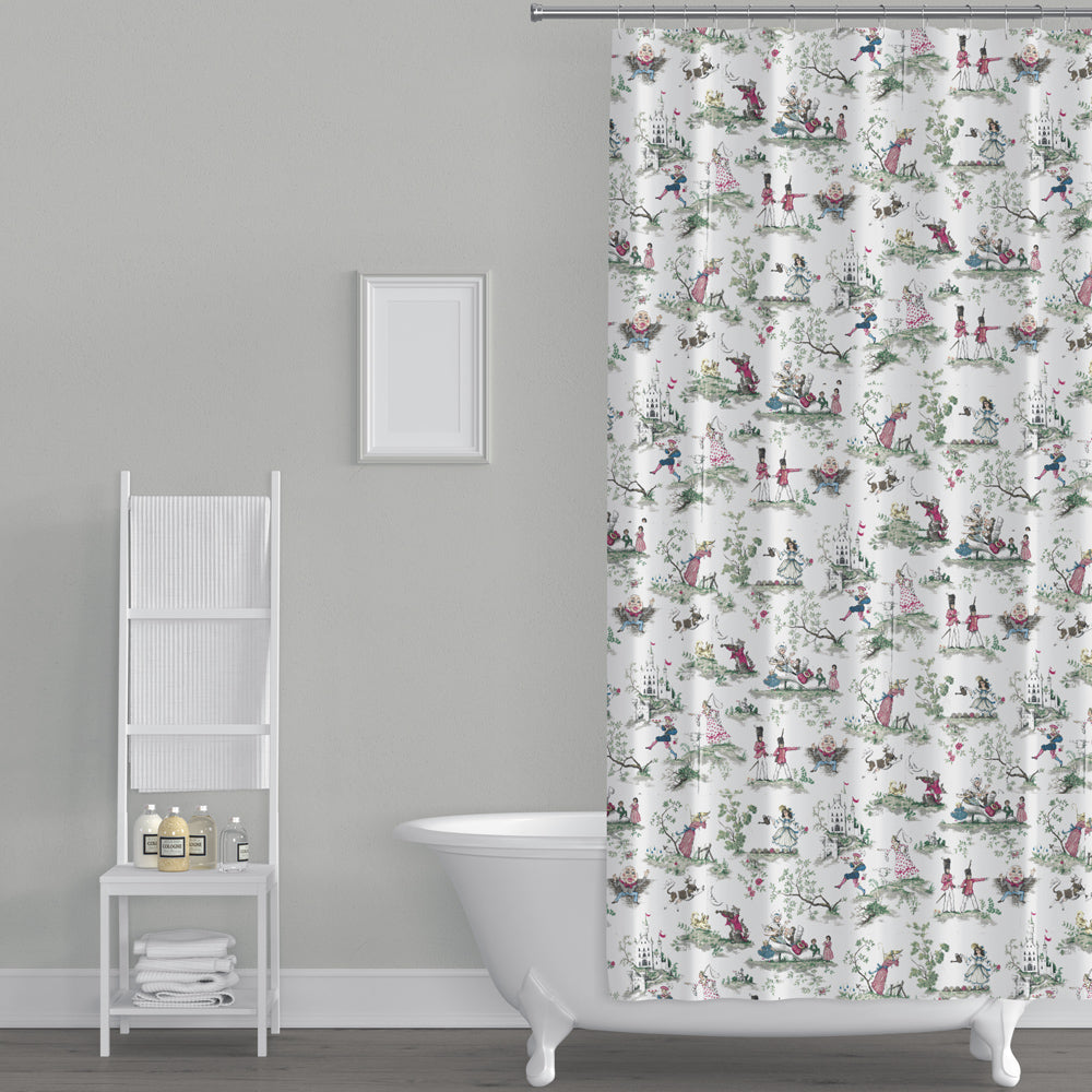 a bathroom with a white bathtub, a white shelf with towels, and a shower curtain with a floral pattern.