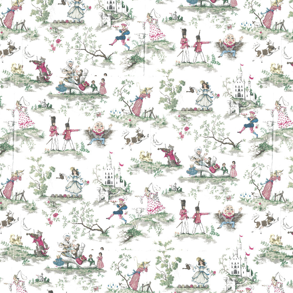 The image is a repeating pattern of various whimsical and fantastical scenes, including people, animals, and fantastical elements such as castles, fairies, and magical creatures. The overall color scheme is predominantly green, pink, and white, creating a visually appealing and imaginative design.