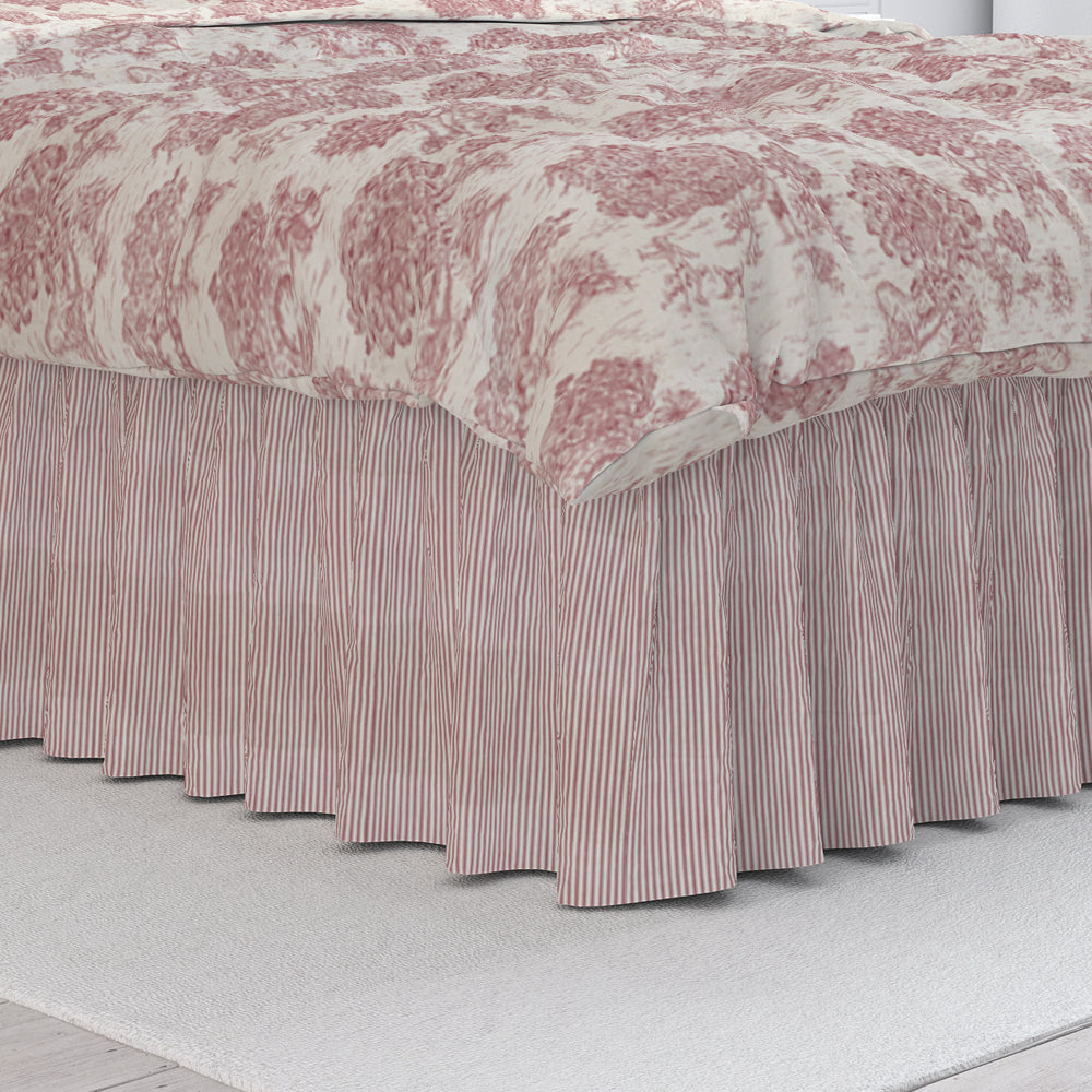 Gathered Bedskirt in Berlin Red Ticking Stripe on Beige