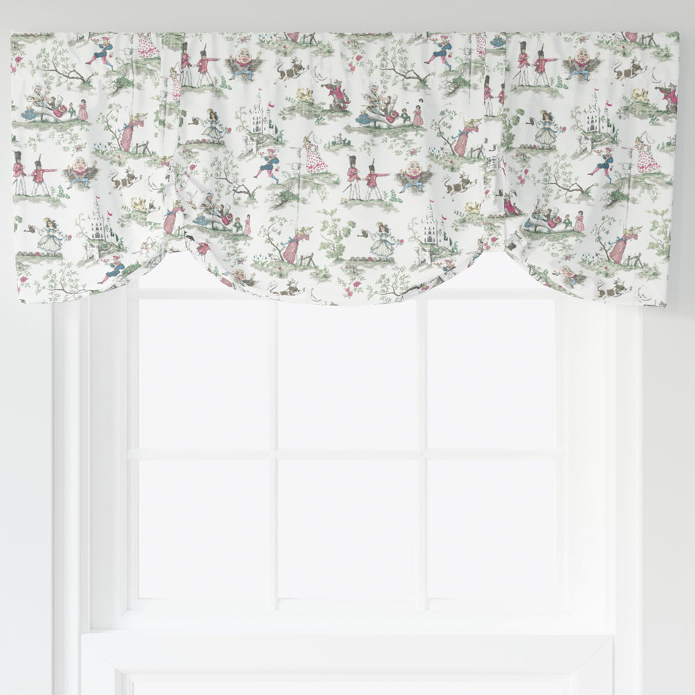 a white window with a decorative valance that has a pattern of various people and animals, including birds, flowers, and other elements.