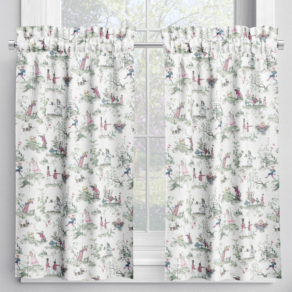 a pair of white curtains with a repeating pattern of people and animals, including a castle, flowers, and birds, all set against a white background.