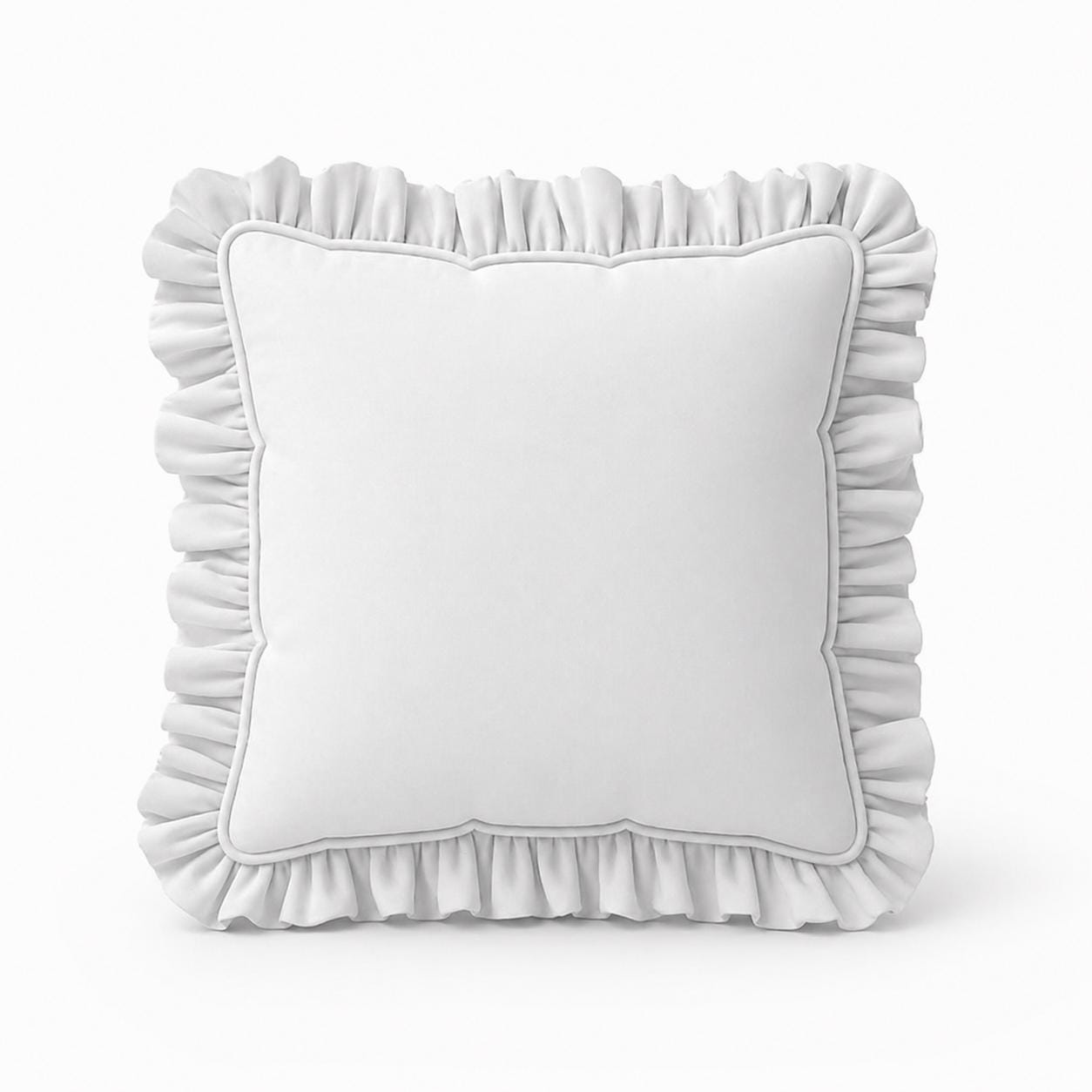 A plain white pillow with a ruffled edge.