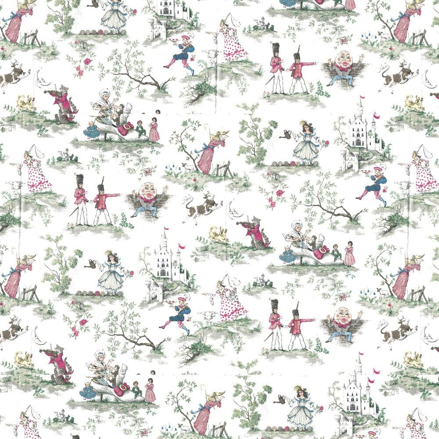 The image is a repeating pattern of various whimsical and fantastical scenes, including people, animals, and fantastical elements such as castles, fairies, and magical creatures. The overall color scheme is predominantly green, pink, and white, creating a visually appealing and imaginative design.