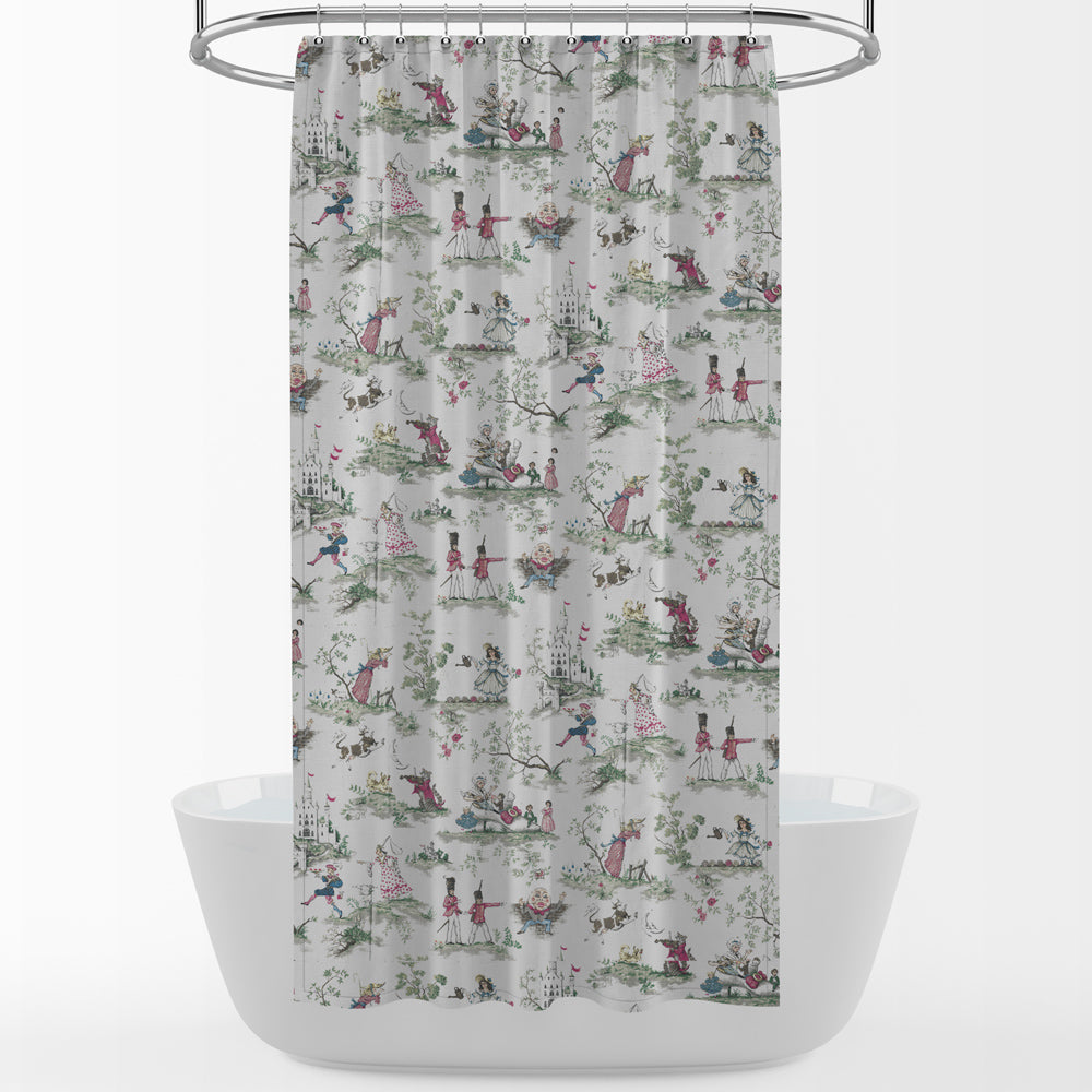 a shower curtain with a repeating pattern of people and animals in a garden setting.