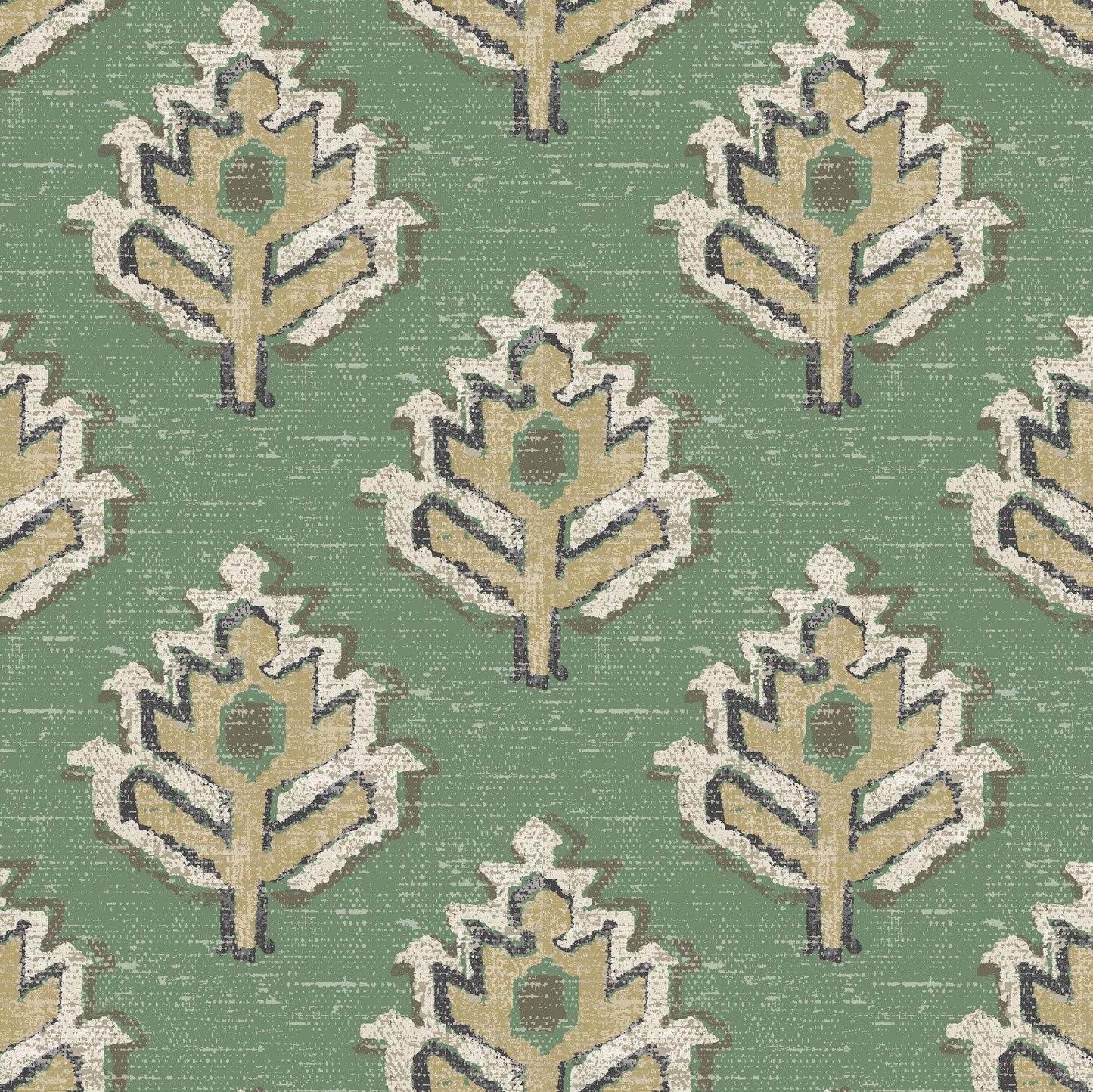Fabric Cut Yardage in Carter Meadow Green Block Print Botanical Design- Small Scale