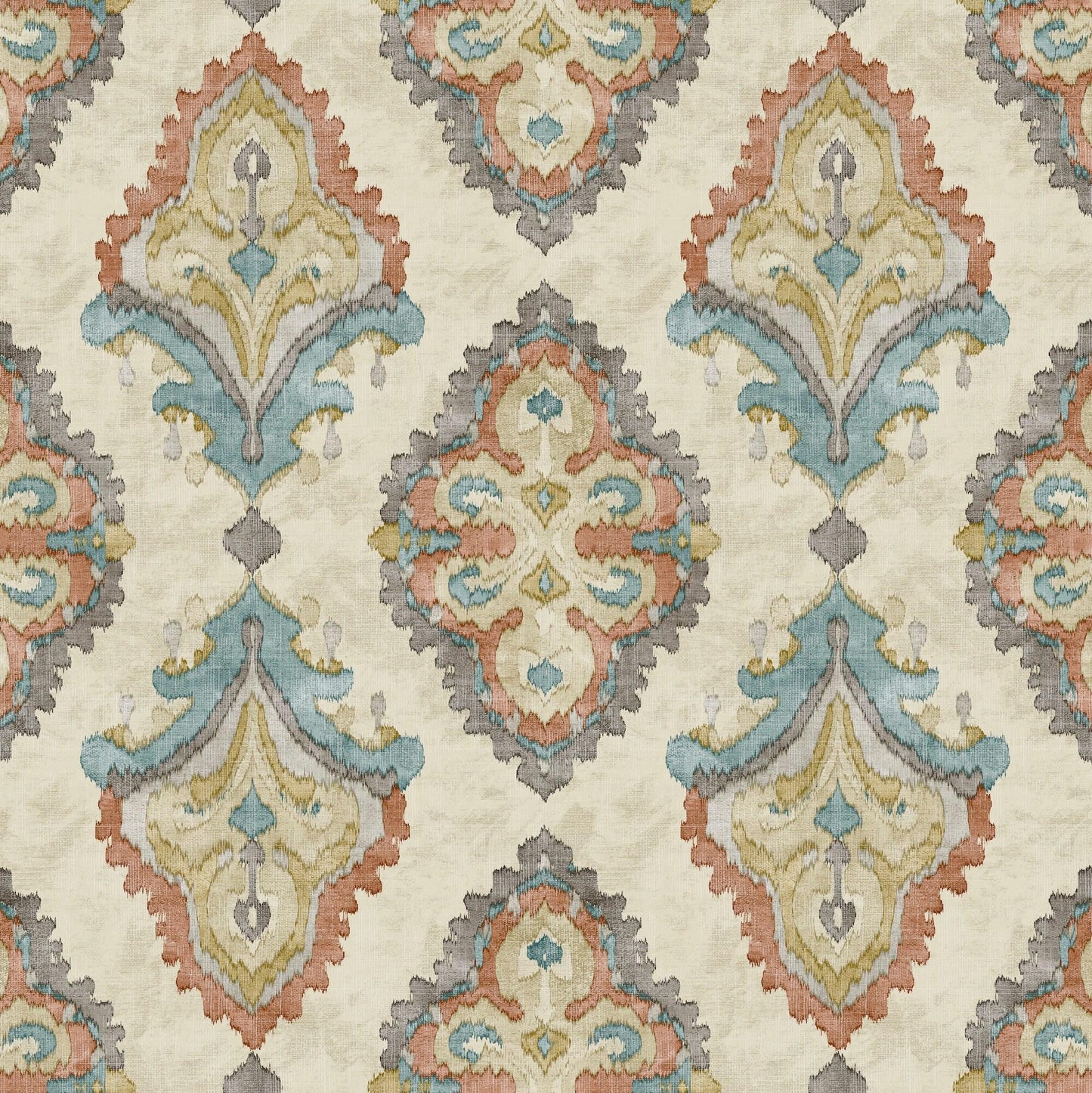 Fabric Cut Yardage in Queen Tuscan Blue and Coral Medallion Watercolor- Large Scale