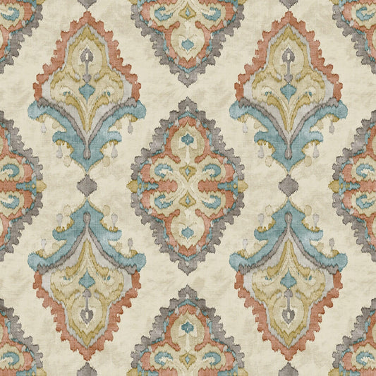 Fabric Cut Yardage in Queen Tuscan Blue and Coral Medallion Watercolor- Large Scale