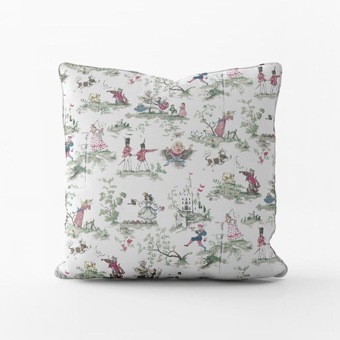 The image is a square pillow with a repeating pattern of various scenes and characters, including people, animals, and fantastical elements. The overall design is whimsical and playful, with a focus on the interactions between different characters and the natural environment.