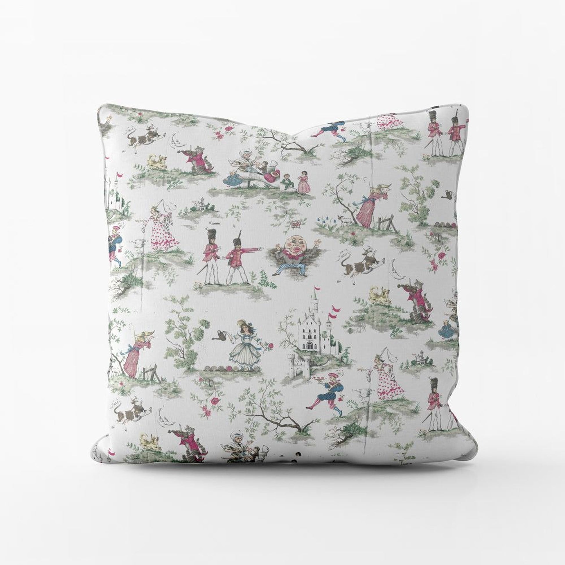 The image is a square pillow with a repeating pattern of various scenes and characters, including people, animals, and fantastical elements. The overall design is whimsical and playful, with a focus on the interactions between different characters and the natural environment.
