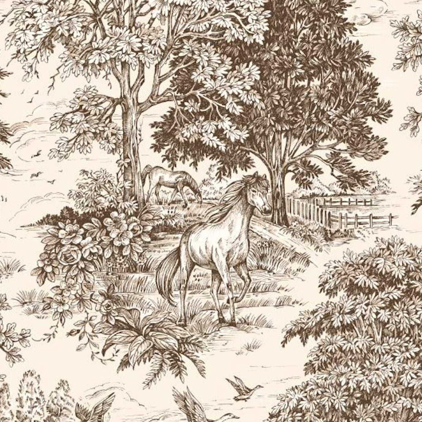 Fabric Cut Yardage in Yellowstone Driftwood Brown Country Toile- Horses, Deer, Dogs- Large Scale