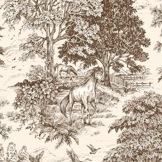 Fabric Cut Yardage in Yellowstone Driftwood Brown Country Toile- Horses, Deer, Dogs- Large Scale