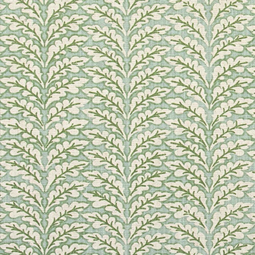 Gathered Bed Skirt in Spencer Tendril Green and Pale Blue on Slub Linen Natural