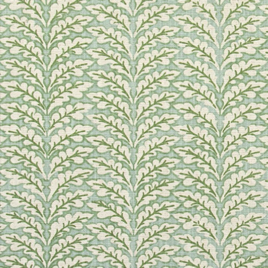 Gathered Bed Skirt in Spencer Tendril Green and Pale Blue on Slub Linen Natural