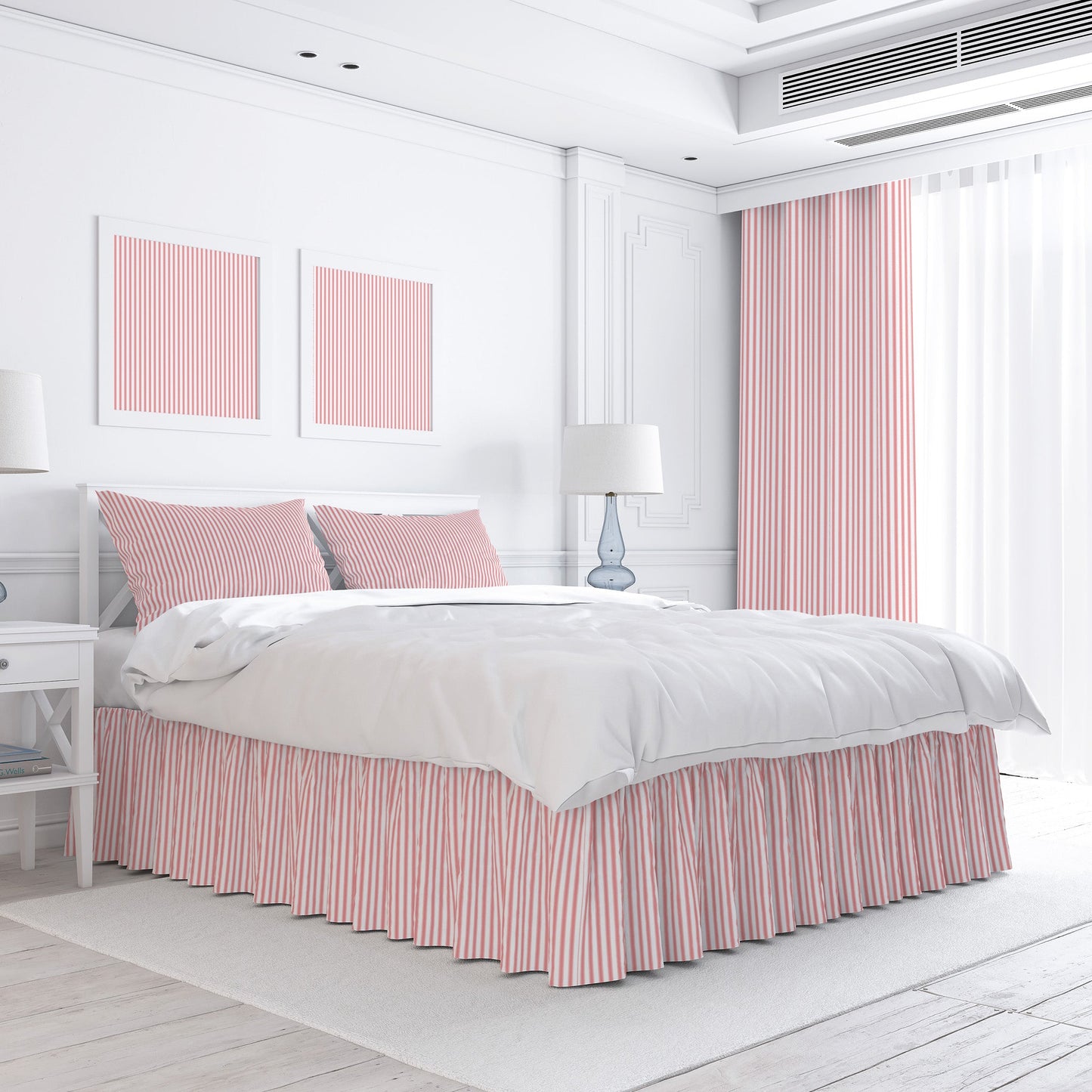 Gathered Bedskirt in Classic Lipstick Red Ticking Stripe on White