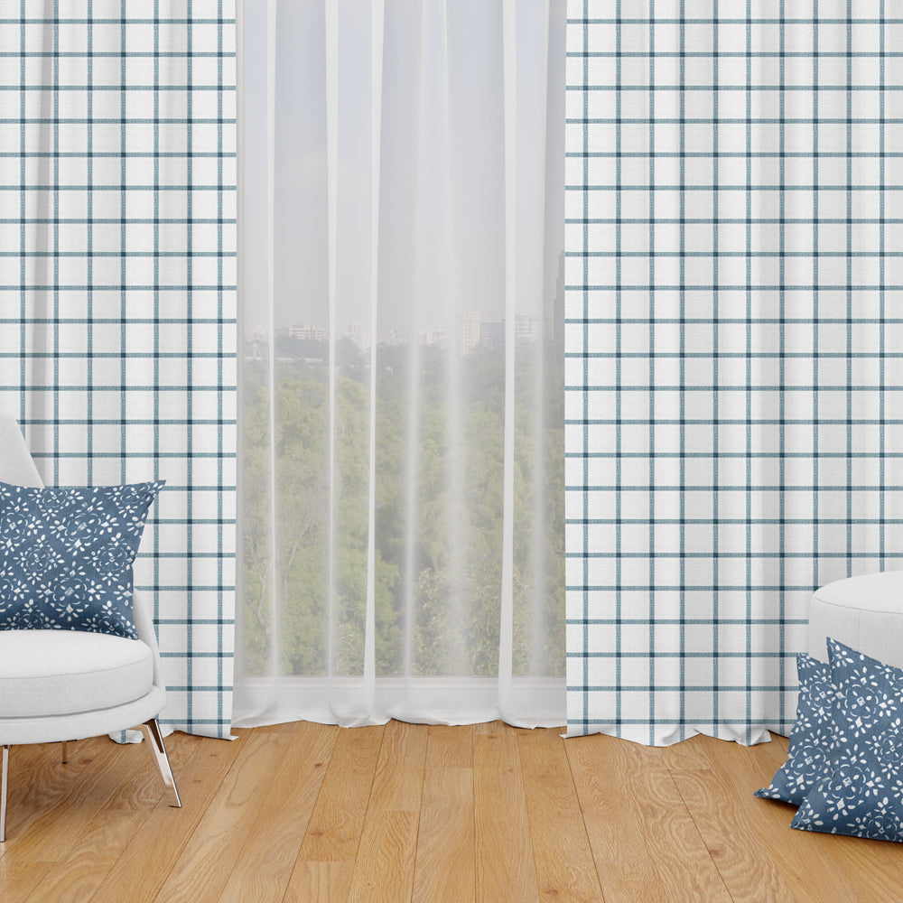 Back Tab Curtain Panels Pair in Aaron Italian Denim Blue Windowpane Plaid