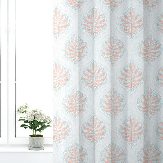 Pinch Pleated Curtain Panels Pair in Airlie Coral Ogee Floral Watercolor - with Blue, Gray