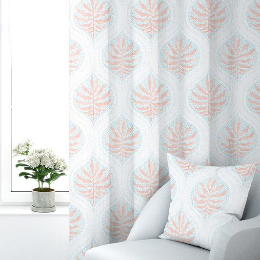 Tab Top Curtain Panels Pair in Airlie Coral Ogee Floral Watercolor - with Blue, Gray