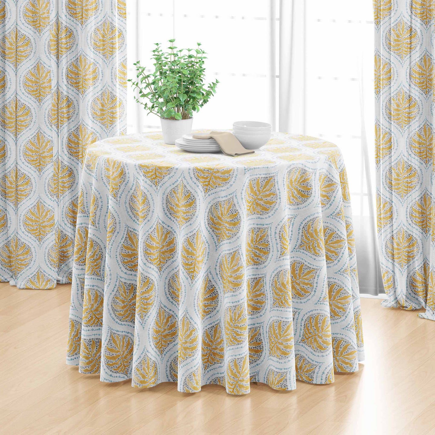 Round Tablecloth in Airlie Amber Ogee Floral Watercolor- Gold, Gray, Blue