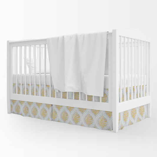 Tailored Crib Skirt in Airlie Amber Ogee Floral Watercolor- Gold, Gray, Blue