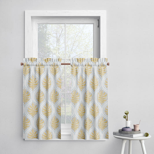 Tailored Tier Cafe Curtain Panels Pair in Airlie Amber Ogee Floral Watercolor- Gold, Gray, Blue