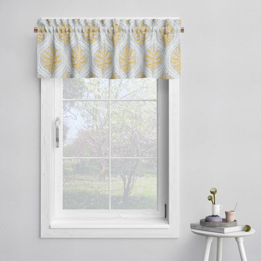 Tailored Valance in Airlie Amber Ogee Floral Watercolor- Gold, Gray, Blue