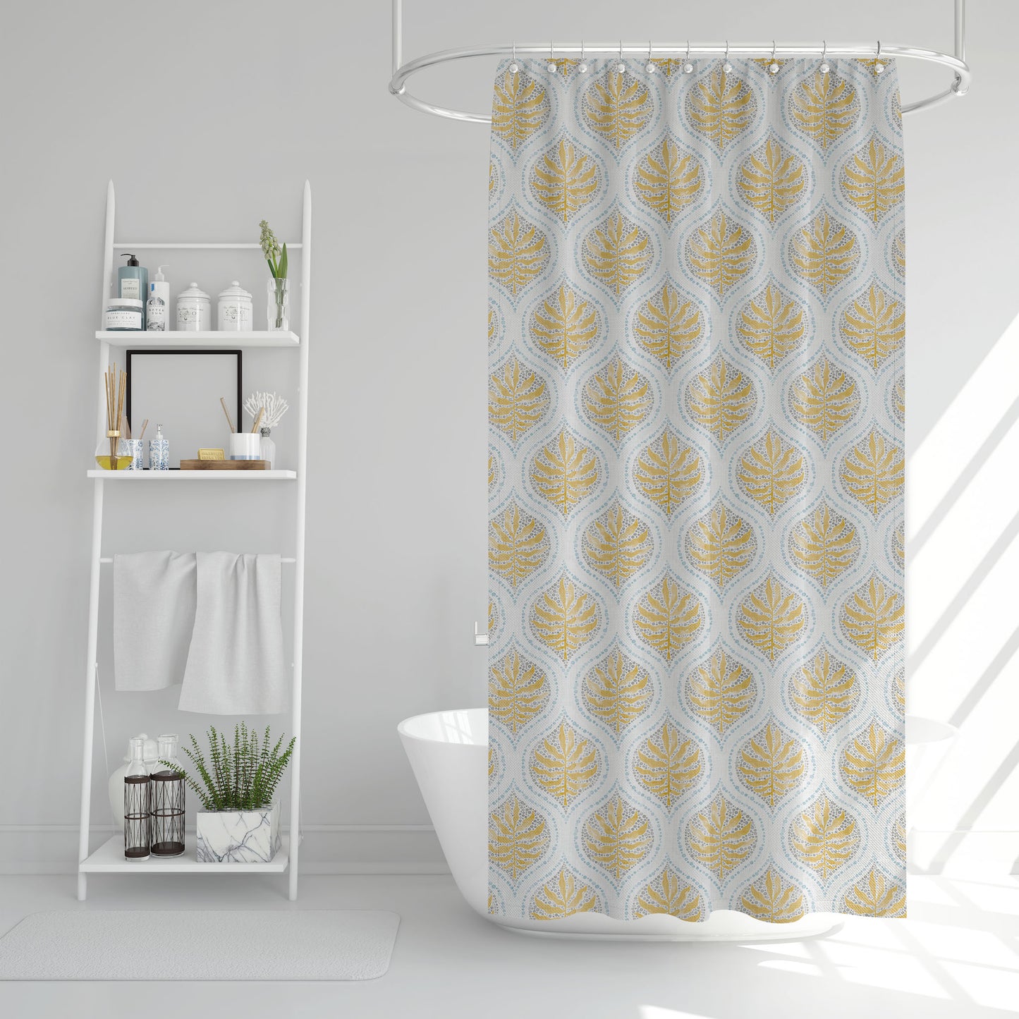 Shower Curtain in Airlie Amber Ogee Floral Watercolor- Gold, Gray, Blue
