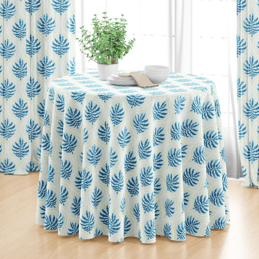 Round Tablecloth in Airlie Bluestone Blue and Lime Green Ogee Floral Watercolor