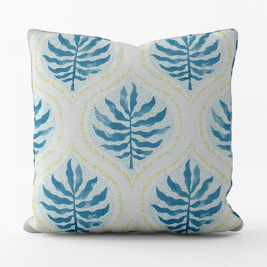 Decorative Pillows in Airlie Bluestone Blue and Lime Green Ogee Floral Watercolor