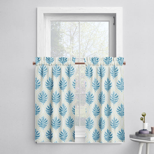 Tailored Tier Cafe Curtain Panels Pair in Airlie Bluestone Blue and Lime Green Ogee Floral Watercolor